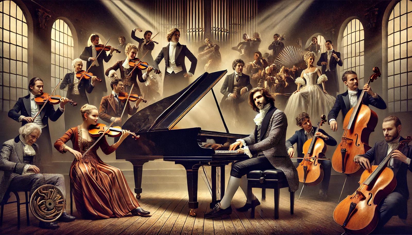 Chopin au piano avec la troupe complète : Sand, Liszt, Delacroix, d'Agoult, Musset