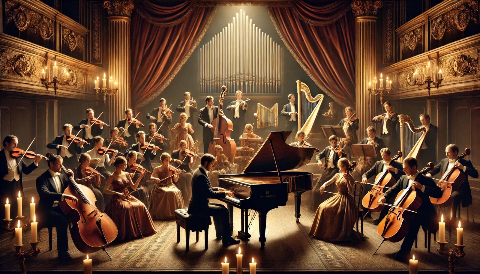 L'orchestre du spectacle Sand & Chopin sur scène avec piano et 12 musiciens