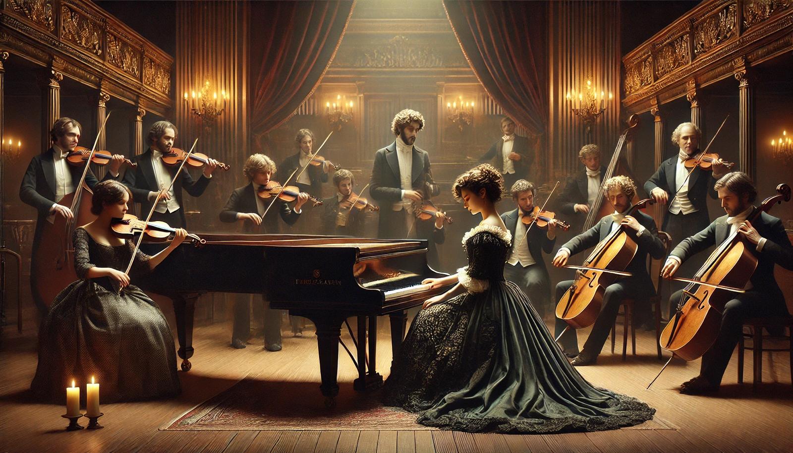 George Sand au piano entourée des musiciens du spectacle Sand & Chopin Les Romantiques